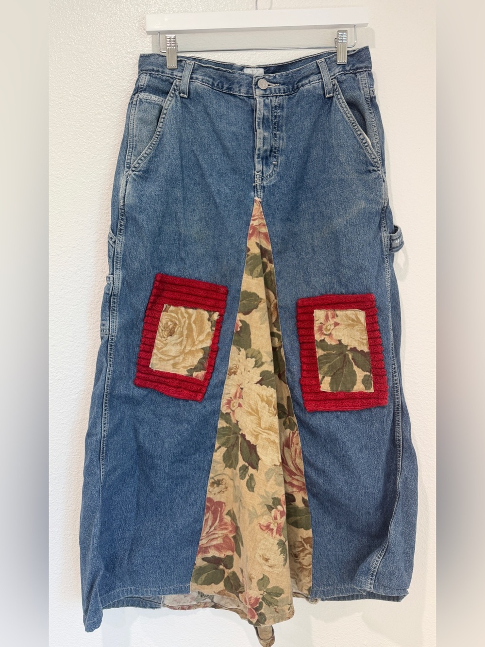 Vintage Calvin Klein Upcycled Floral Tapestry Denim Maxi Skirt Carpenter Boho M
